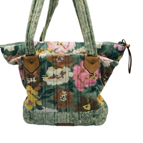 Pioneer Woman Aubrey Quilted Print Tote Floral Green Faded Denim w Zipper Large - Picture 2 of 15